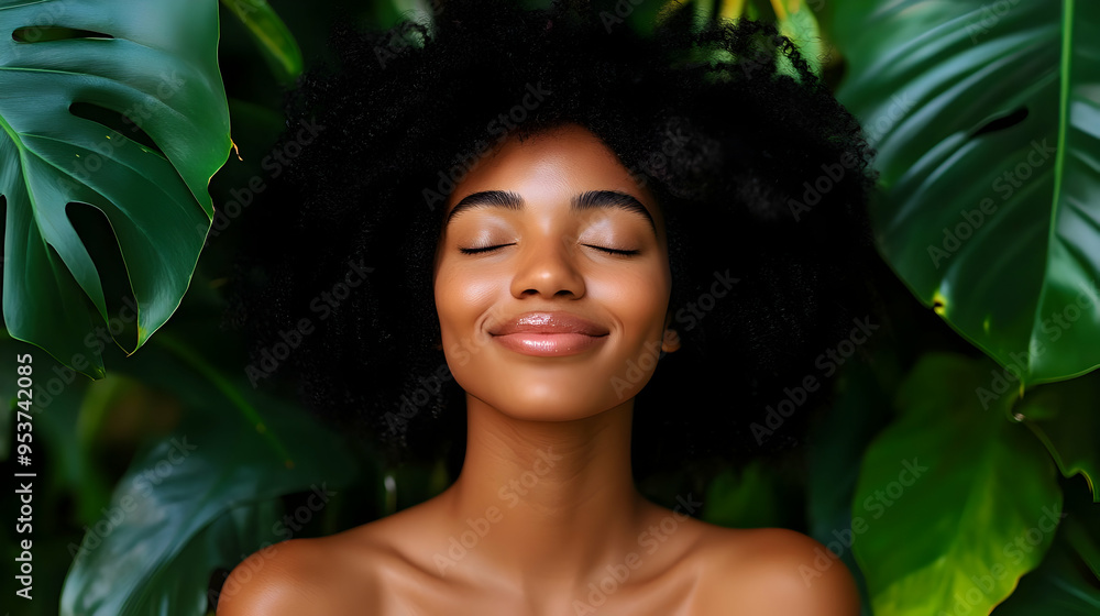 A young woman with afro hair smiles serenely amidst lush greenery, eyes closed in peaceful bliss. A young woman with afro hair smiles serenely amidst lush greenery, eyes closed in peaceful bliss.