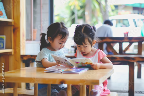 Young children reading a storybook at a small wooden table
