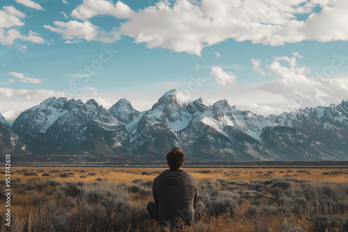 Person alone in nature, looking at misty mountains and autumn forest, reflecting quietly