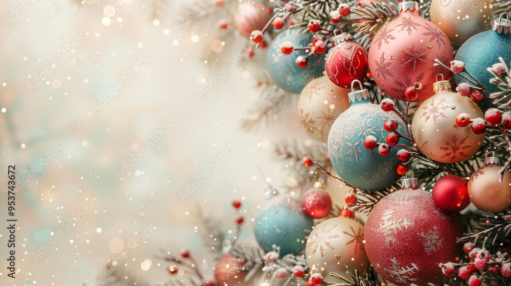Holiday, pink christmas balls hanging on fir tree blurred lights in background Holiday, pink christmas balls hanging on fir tree blurred lights in background