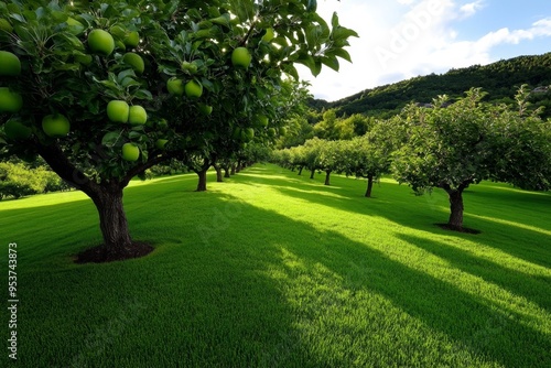 Apple Garden Scenic, Sunrise, and Rural visualized in an early morning scene where the first rays of sunlight illuminate a peaceful apple orchard