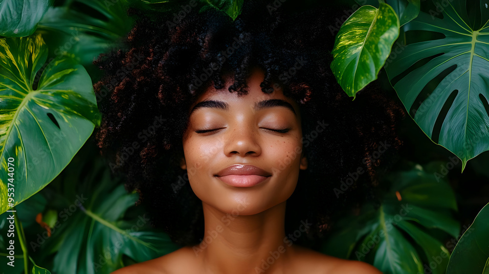 A young woman with closed eyes surrounded by tropical leaves. A young woman with closed eyes surrounded by tropical leaves.