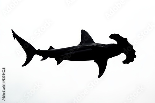 Silhouette of a hammerhead shark swimming against a light background.