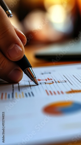 Hand writing on a document with colorful financial graphs in a warm, blurred background office. Concept of business research.