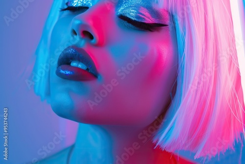 Fashion model in neon lights with white wig and makeup.