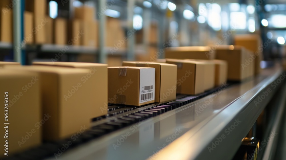 Packages Moving on a Conveyor Belt in a Warehouse Packages Moving on a Conveyor Belt in a Warehouse