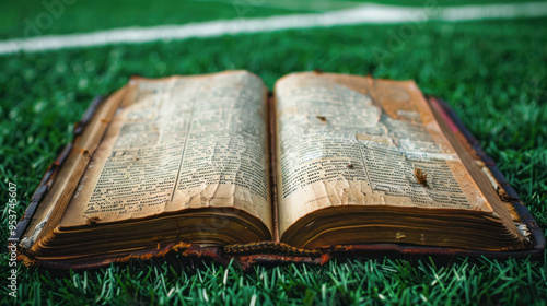 open book laying on a green grass field