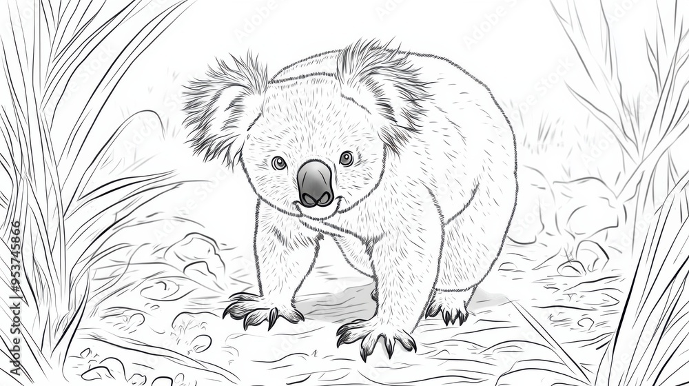 Outline illustration of a black and white koala for drawing and coloring on white background Outline illustration of a black and white koala for drawing and coloring on white background