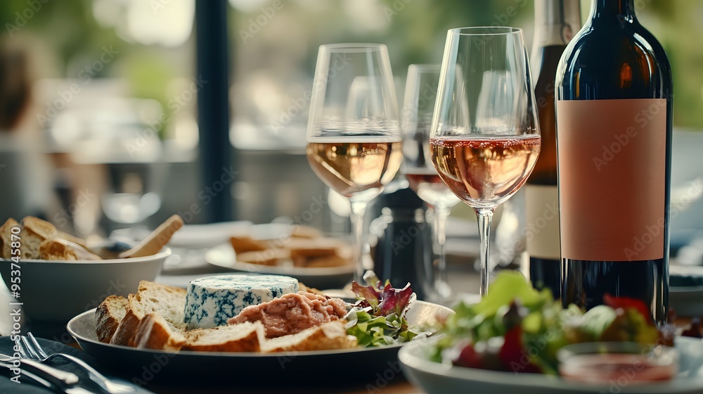 A Sumptuous Array of Culinary Delights Featuring Wine, Fresh Bread, and Gourmet Appetizers Set Against a Warm, Inviting Backdrop of a Cozy Dining Experience
