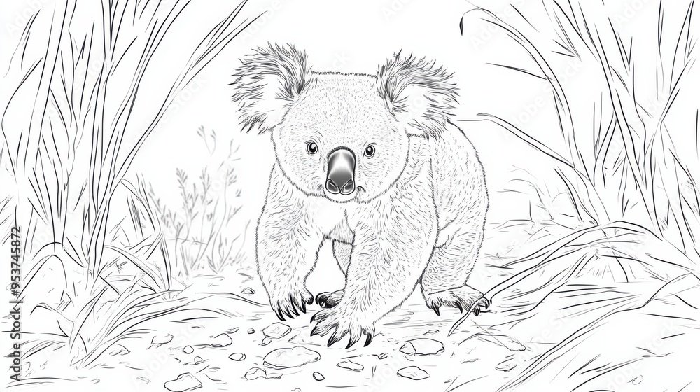 Outline illustration of a black and white koala for drawing and coloring on white background Outline illustration of a black and white koala for drawing and coloring on white background