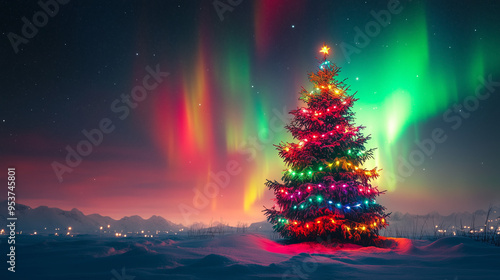 christmas tree in the northern lights background