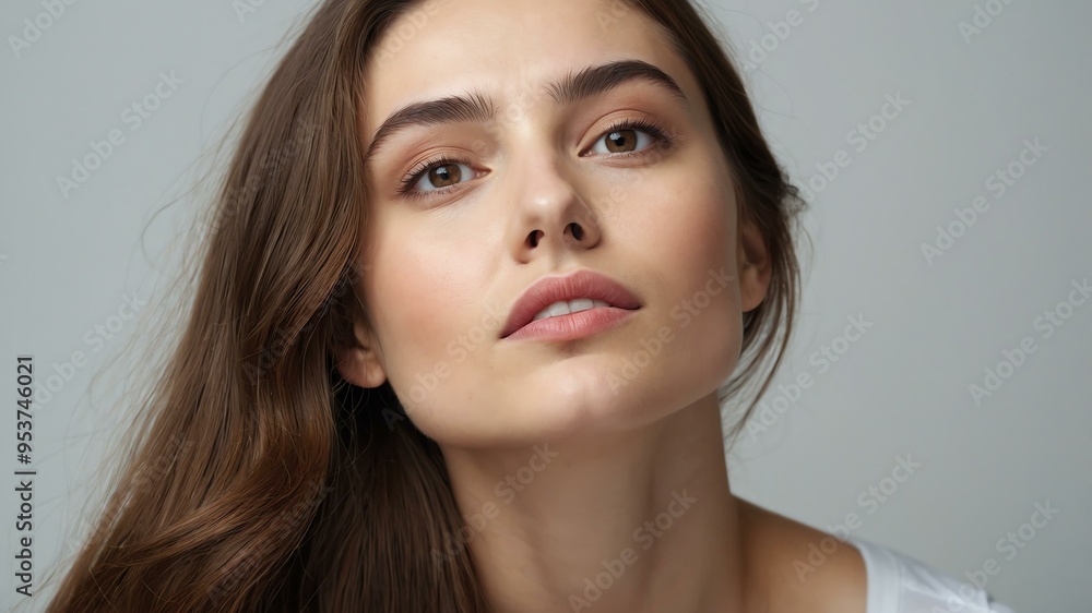 portrait of a young woman with long brown hair background
