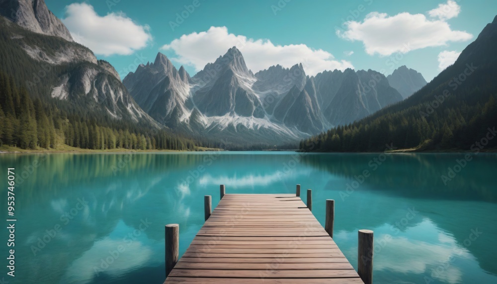 Serene Mountain Lake with Wooden Dock and Dramatic Sky Serene Mountain Lake with Wooden Dock and Dramatic Sky