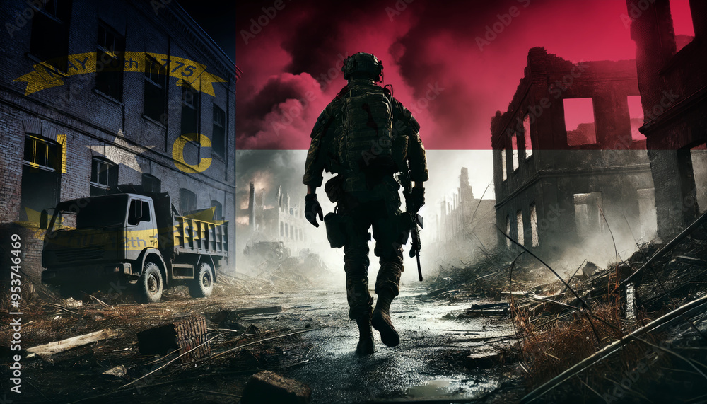 A lone soldier walking through a war-torn urban landscape with the North Carolina flag overlay, symbolizing the bravery and resilience of military forces in conflict zones. A lone soldier walking through a war-torn urban landscape with the North Carolina flag overlay, symbolizing the bravery and resilience of military forces in conflict zones.
