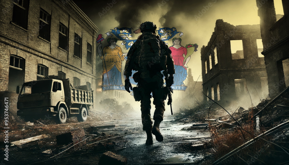 A lone soldier walking through a war-torn urban landscape with the New Jersey flag overlay, symbolizing the bravery and resilience of military forces in conflict zones. A lone soldier walking through a war-torn urban landscape with the New Jersey flag overlay, symbolizing the bravery and resilience of military forces in conflict zones.