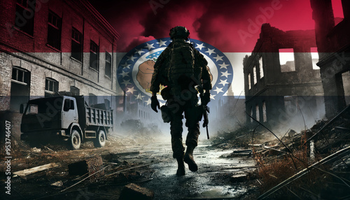 A lone soldier walking through a war-torn urban landscape with the Missouri flag overlay, symbolizing the bravery and resilience of military forces in conflict zones.