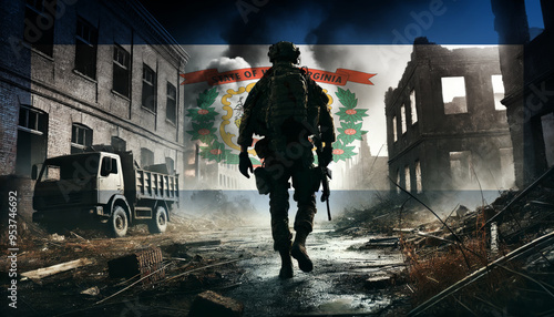 A lone soldier walking through a war-torn urban landscape with the West Virginia flag overlay, symbolizing the bravery and resilience of  military forces in conflict zones. photo