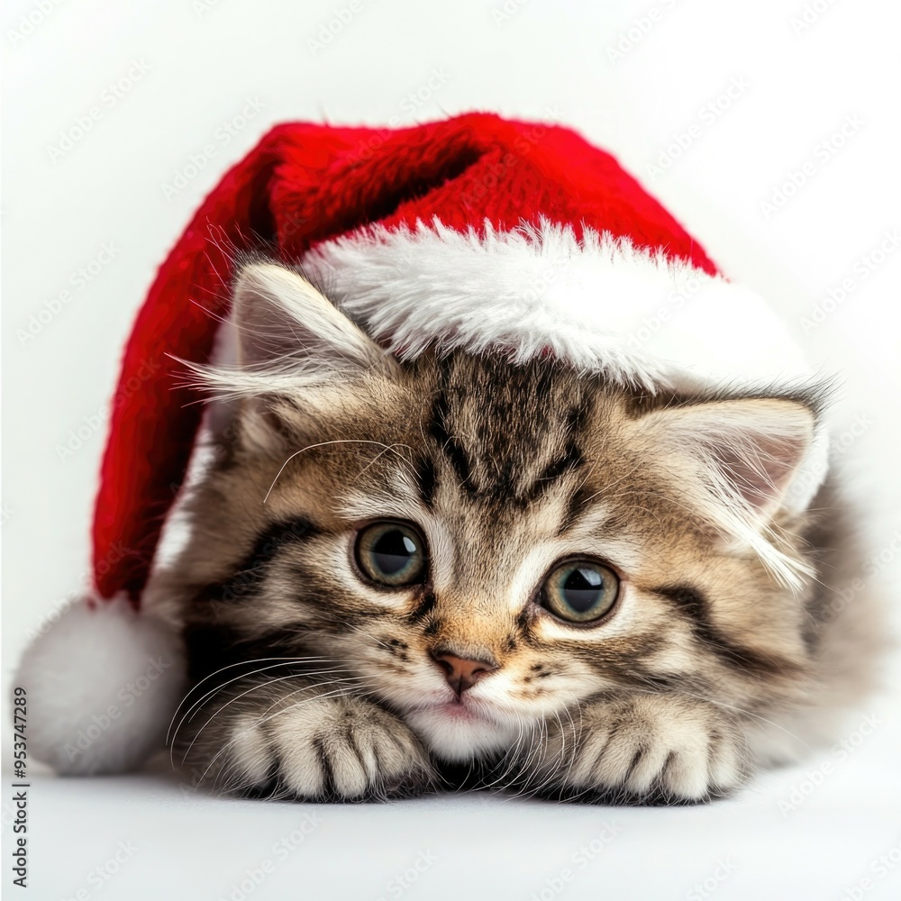A Christmas cat on a white background. The cat in Santa's hat. Funny festive cute cat. Happy New Year 2025 A Christmas cat on a white background. The cat in Santa's hat. Funny festive cute cat. Happy New Year 2025