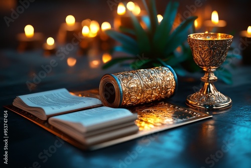 Covenant represented through symbolic religious objects on an altar, captured in a photo where an altar is adorned with sacred objects that represent a covenant, such as a chalice, scrolls, photo