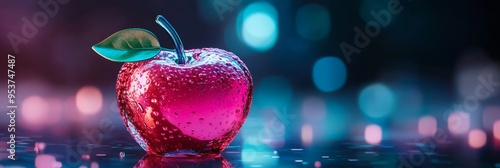 A vibrant, glass apple with a bubblegum pink hue sits on a reflective surface. It is adorned with water droplets and illuminated by a colorful backdrop of neon lights. The composition evokes themes of photo