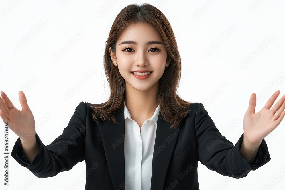 Confident businesswoman in black suit with open arms, welcoming and smiling on a plain background, expressing positivity and professionalism. Confident businesswoman in black suit with open arms, welcoming and smiling on a plain background, expressing positivity and professionalism.