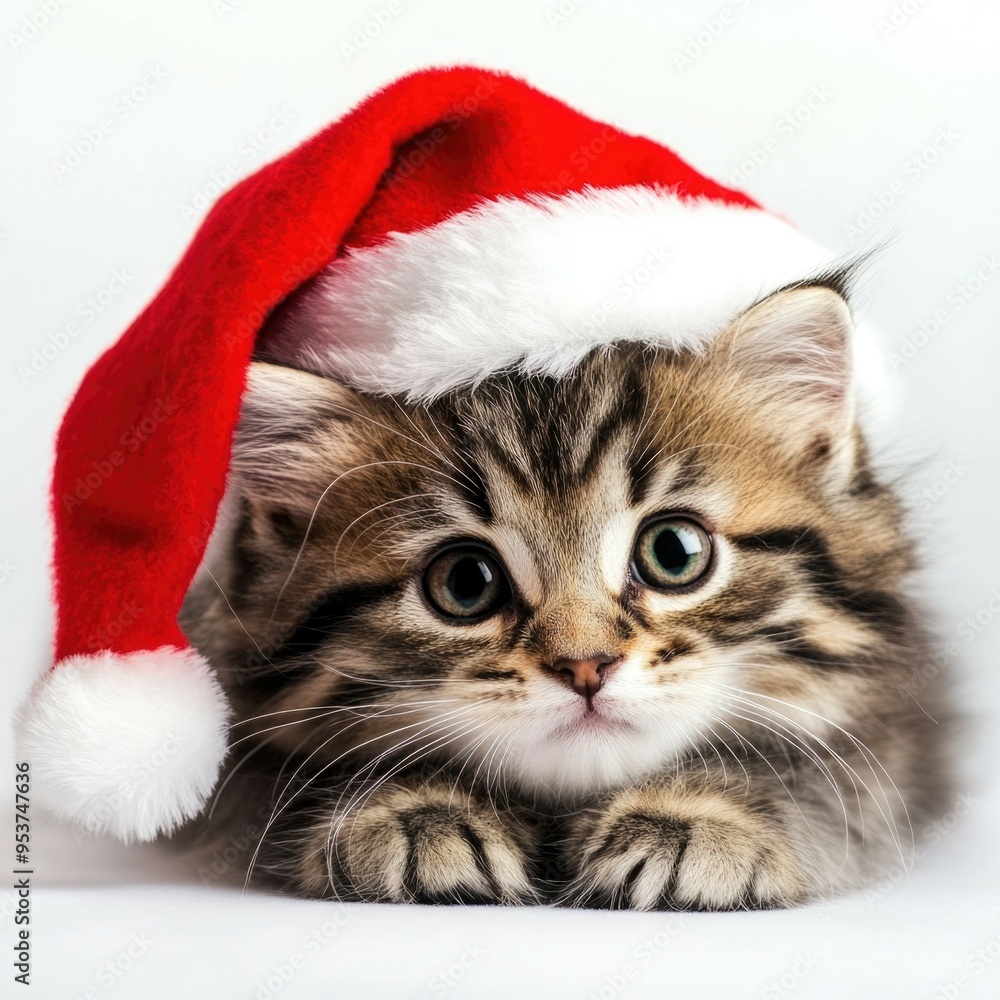 A Christmas cat on a white background. The cat in Santa's hat. Funny festive cute cat. Happy New Year 2025 A Christmas cat on a white background. The cat in Santa's hat. Funny festive cute cat. Happy New Year 2025