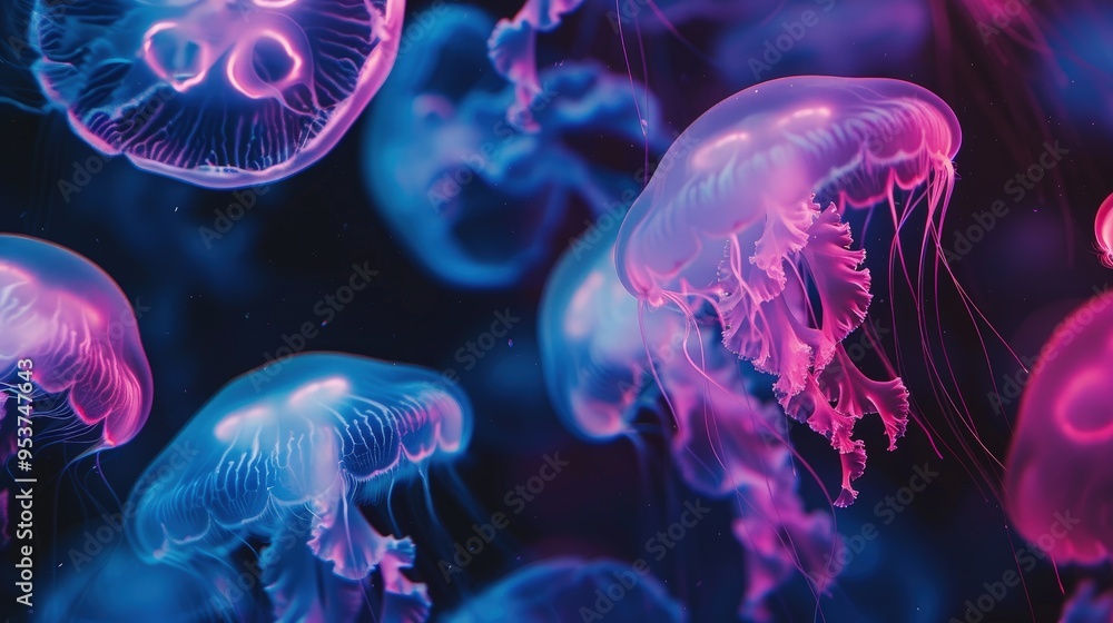 A vibrant underwater scene showcasing glowing jellyfish in shades of blue and pink, creating a mesmerizing visual experience. A vibrant underwater scene showcasing glowing jellyfish in shades of blue and pink, creating a mesmerizing visual experience.