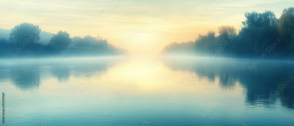 Obraz premium A misty sunrise casting a gentle glow over a summer forest capturing morning tranquility