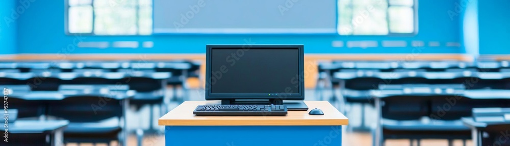 A podium with a builtin computer in a hightech classroom interior, symbolizing modern education A podium with a builtin computer in a hightech classroom interior, symbolizing modern education