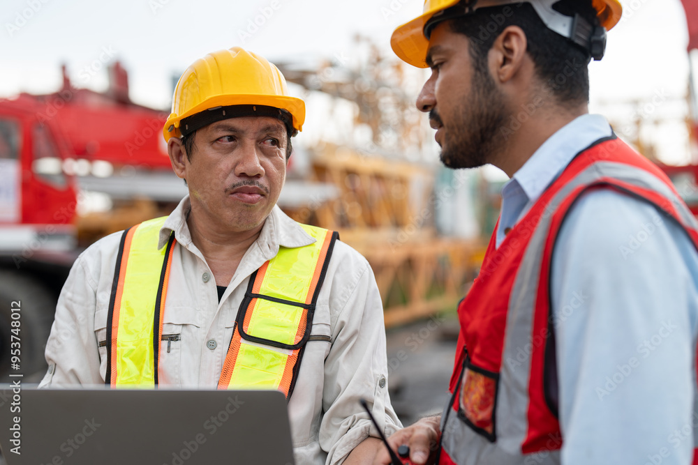 Two civil engineer in safety vests and helmets using a tablet for planning to install tower crane at a construction site. Two civil engineer in safety vests and helmets using a tablet for planning to install tower crane at a construction site.