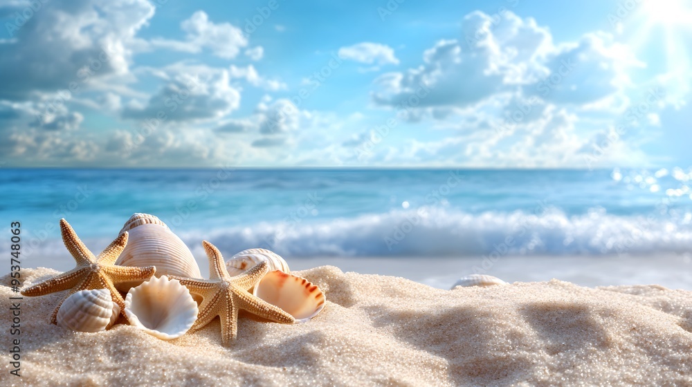 Serene Coastal Escape Featuring Sunlit Seashells and Starfish on Golden Sands Under a Bright Blue Sky with Gently Rolling Waves Serene Coastal Escape Featuring Sunlit Seashells and Starfish on Golden Sands Under a Bright Blue Sky with Gently Rolling Waves