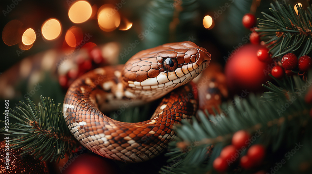 illustration with a wood snake on christmas tree illustration with a wood snake on christmas tree