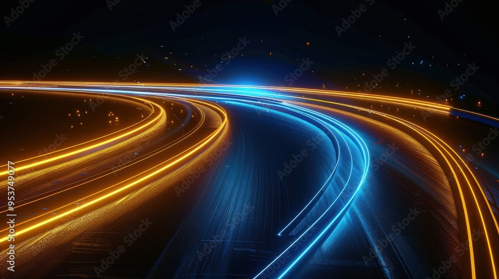 A dynamic highway scene illuminated by vibrant blue and orange light trails, suggesting speed and movement. A dynamic highway scene illuminated by vibrant blue and orange light trails, suggesting speed and movement.