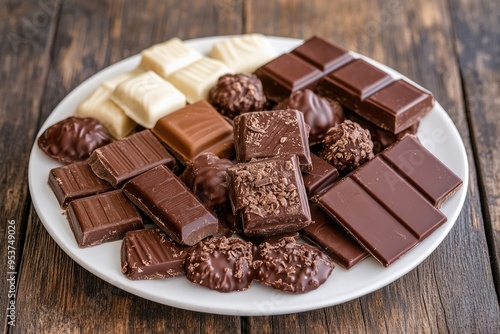 Assorted Chocolate Bars and Candy on White Plate