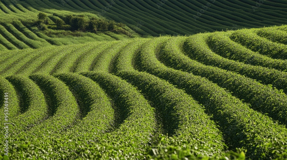 Agricultural rows in perfect geometric patterns, with a dynamic futuristic background, highlighting innovation in farming Agricultural rows in perfect geometric patterns, with a dynamic futuristic background, highlighting innovation in farming