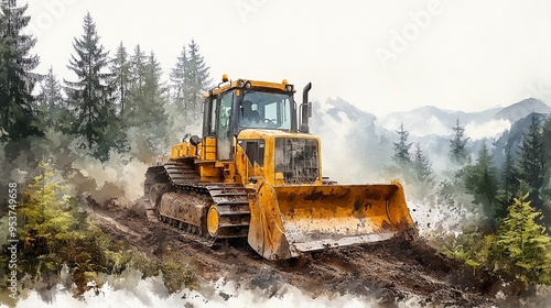 Bulldozer creating a new hiking trail, forest setting, adventurous spirit, watercolor style