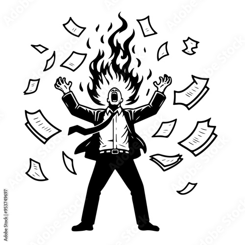 Man on Fire with Papers Flying.