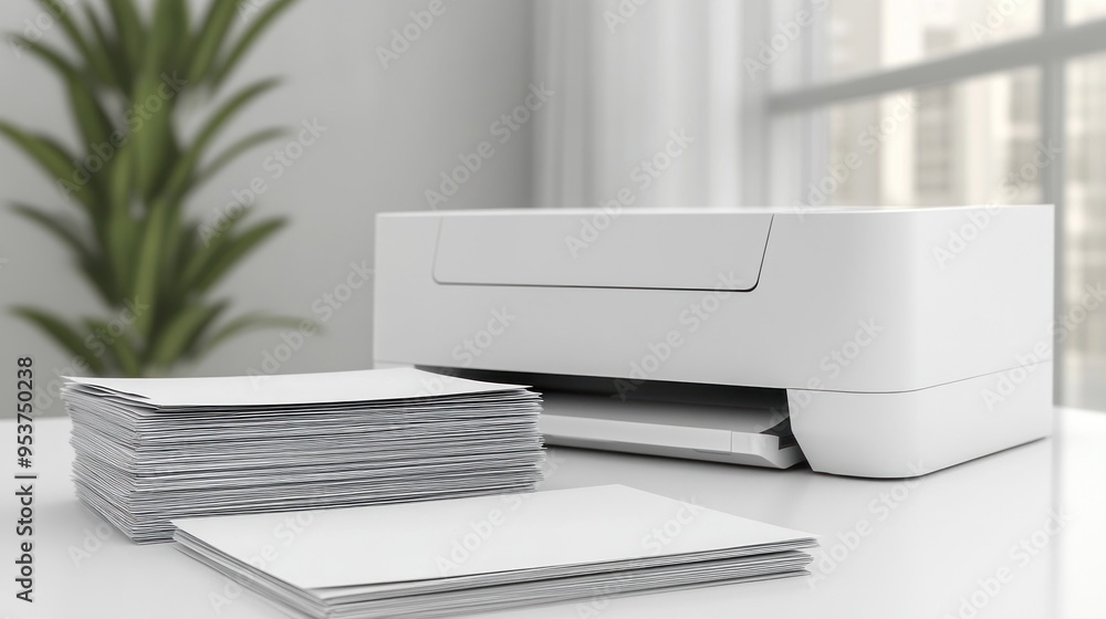 White Printer with Stack of Paper on a Desk White Printer with Stack of Paper on a Desk