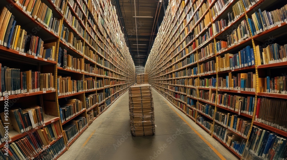 A Narrow Aisle in a Large Library with Stacks of Books A Narrow Aisle in a Large Library with Stacks of Books