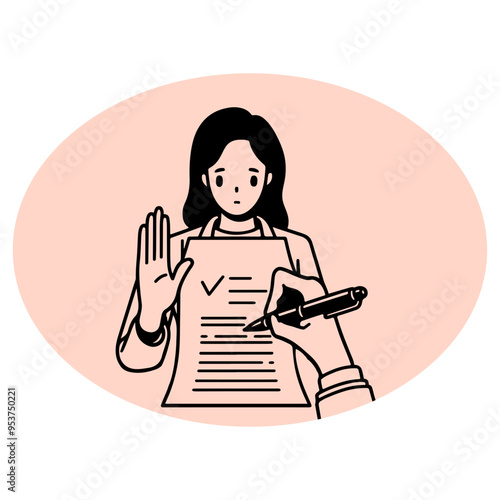 Woman refusing to sign a contract.