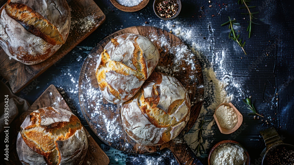 Freshly Baked Bread on Rustic Wooden Boards Freshly Baked Bread on Rustic Wooden Boards