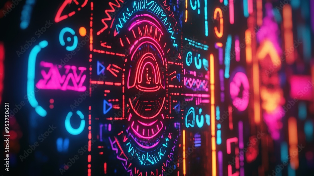 Bright neon geometric patterns illuminate a dark background, creating a captivating digital artwork with a futuristic vibe Bright neon geometric patterns illuminate a dark background, creating a captivating digital artwork with a futuristic vibe