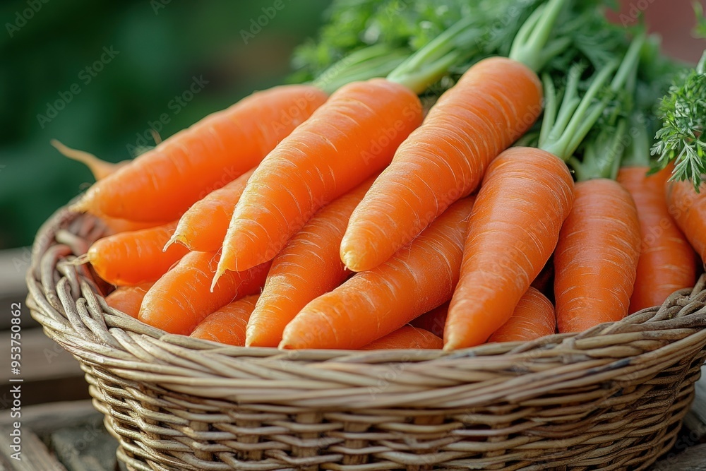 A basket filled with freshly harvested, bright orange carrots at a market A basket filled with freshly harvested, bright orange carrots at a market