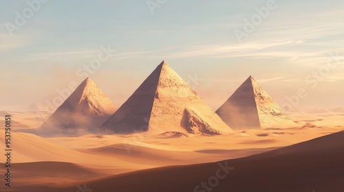 Beautiful sand pyramids in a serene desert, with a realistic background of vast dunes and a clear, expansive sky