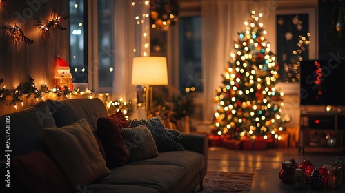 Cozy holiday living room with decorated Christmas tree, festive lights, and seasonal decor in a modern home during winter evening