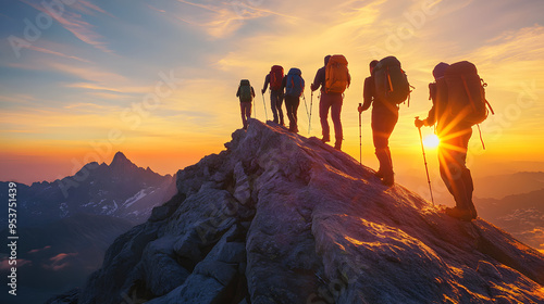 Hikers Reaching Mountain Summit at Sunrise