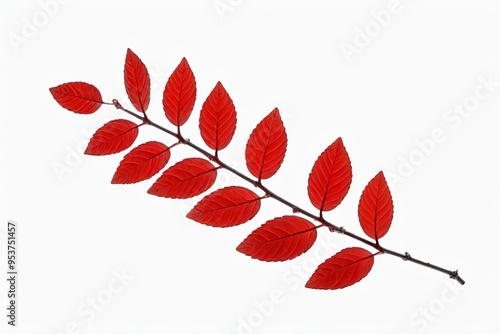 arafed branch of a red leaf against a white background 