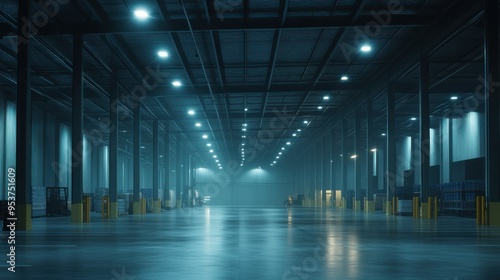 Empty Warehouse Interior with Blue Lighting and a Foggy Atmosphere