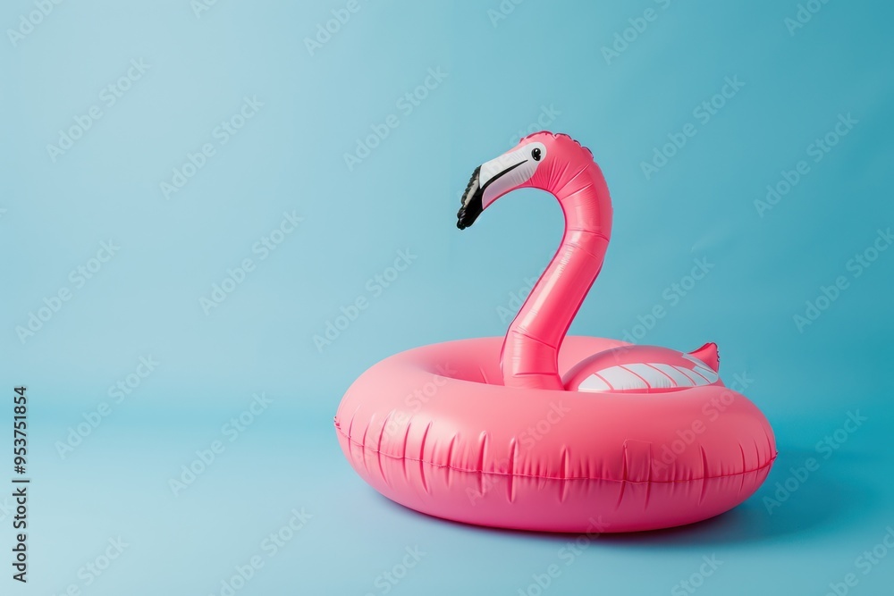 Pink Flamingo Inflatable Pool Float on Blue Background Pink Flamingo Inflatable Pool Float on Blue Background