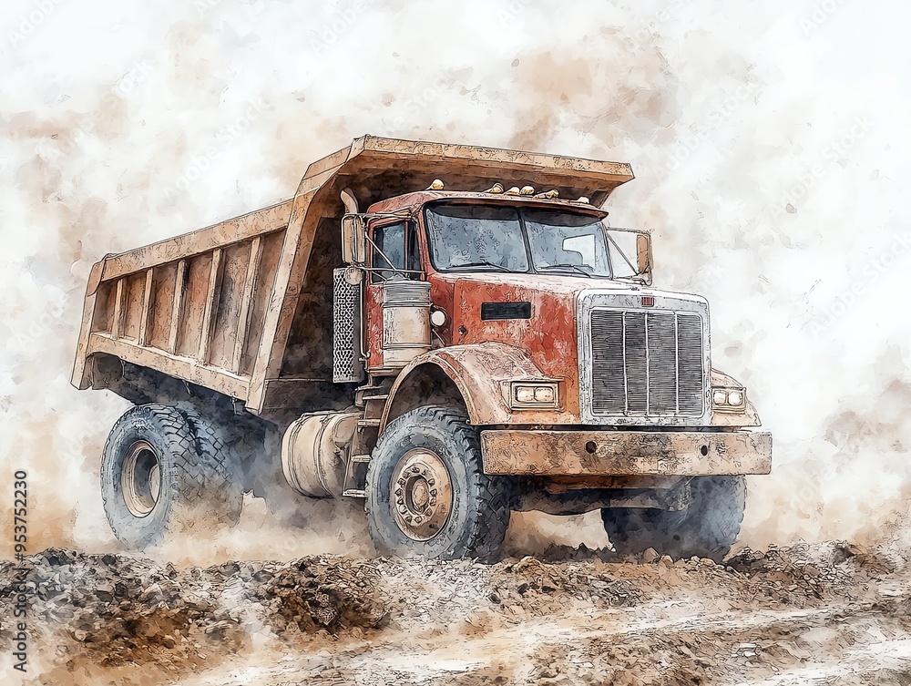 Dump truck unloading gravel at a construction site, dusty atmosphere, watercolor style Dump truck unloading gravel at a construction site, dusty atmosphere, watercolor style